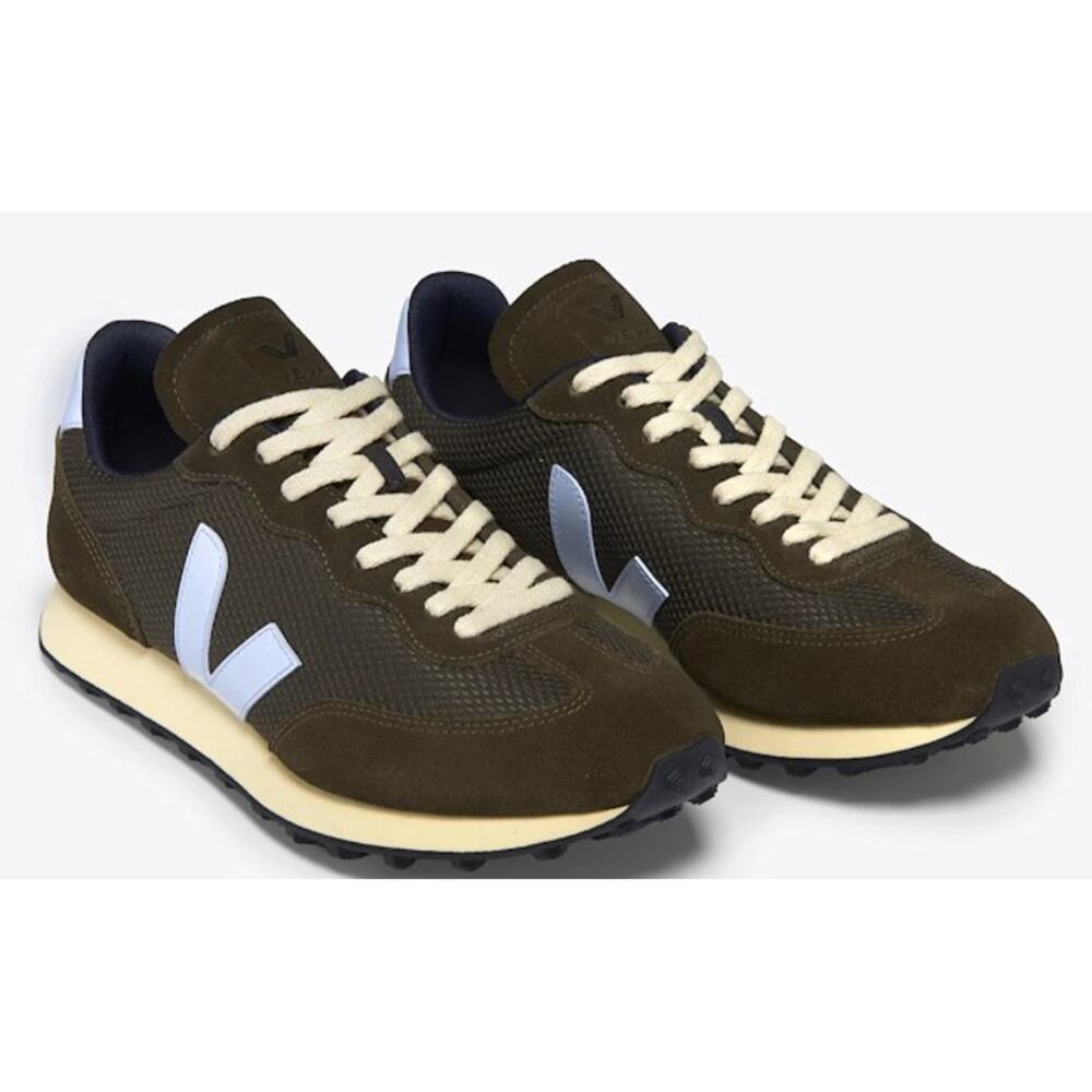 Veja Olive Green Suede Sneakers with Light Blue V Logo